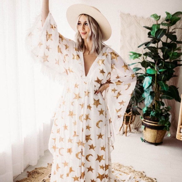 Flutterdress White with Gold Star and Moon Design Maxi Dress - Picture 10 of 13